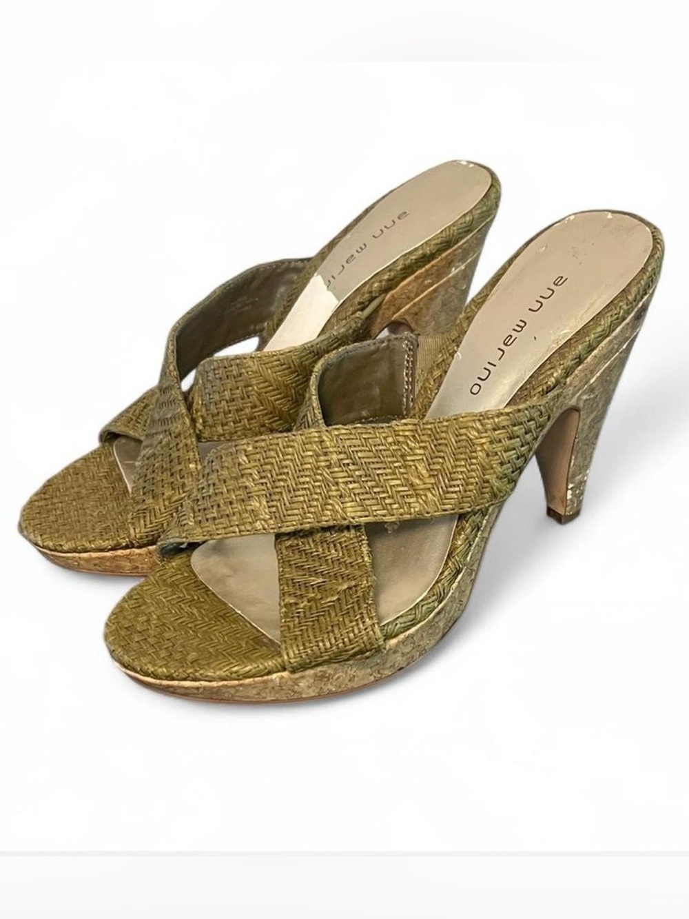 Ann Marino Olive Y2K Woven Crisscross Heel Summer Mule Size 6.5M